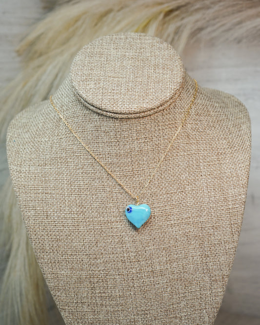 Sky Blue Evil Eye Heart Necklace